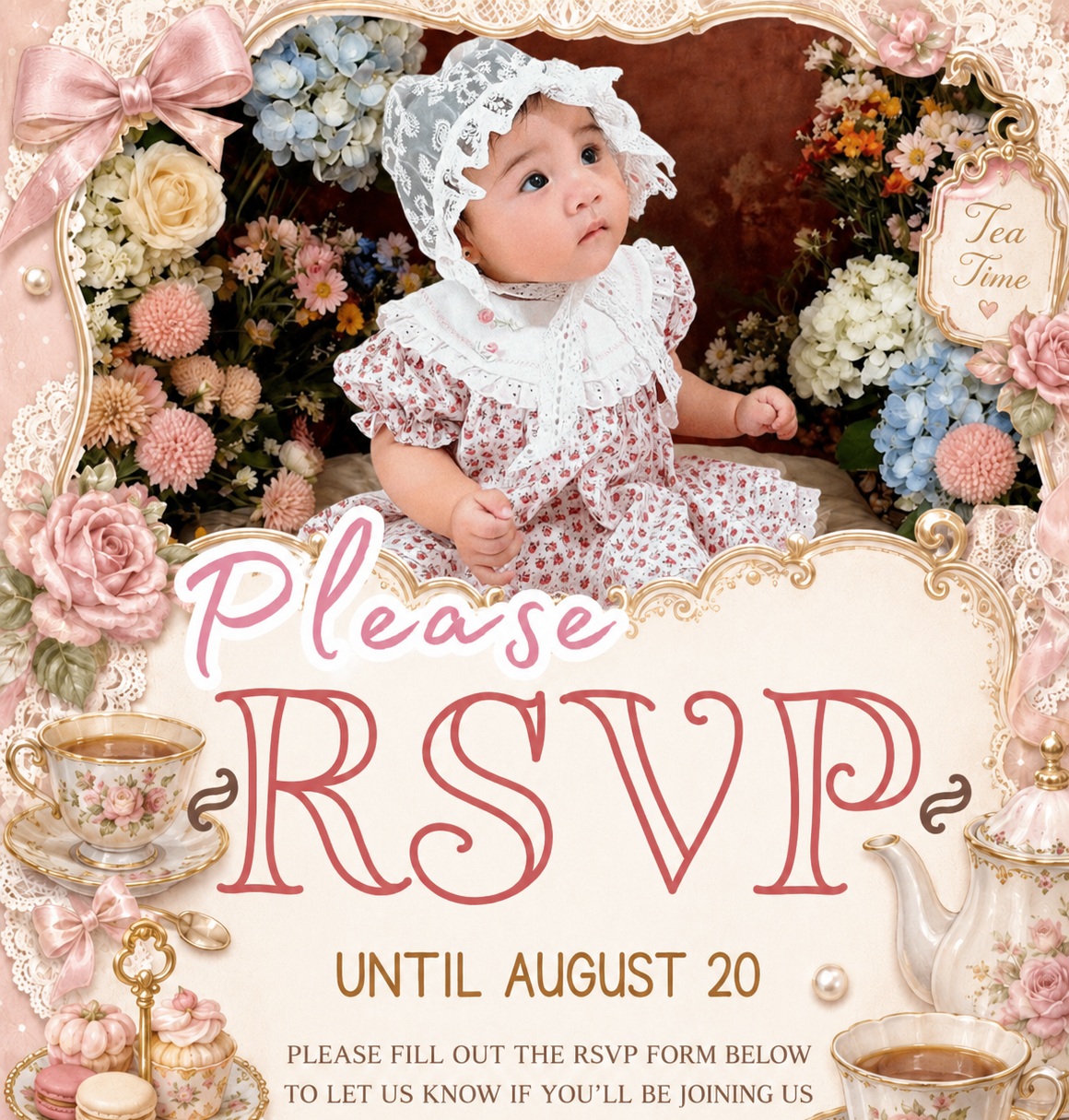 Please RSVP until August 20 invitation artwork for Ciara's tea party